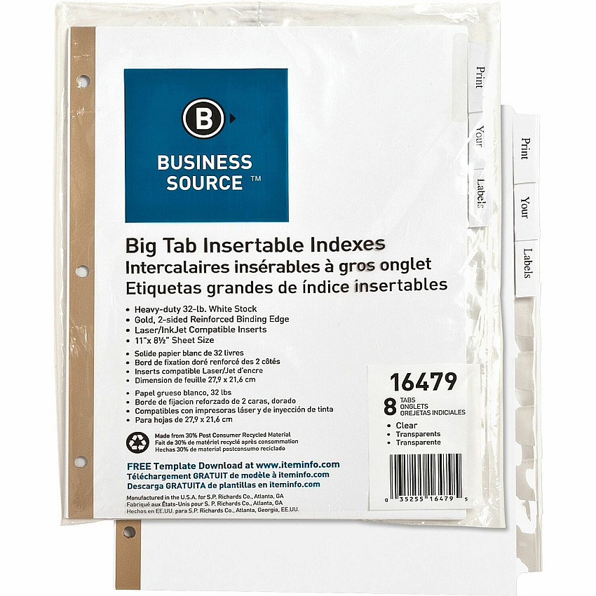 Business Source Tear-resistant Clear Tab Index Dividers 8 Tab(s) - 8.5" Divider Width x 11" Divider Length - Letter - White Divider - Clear Tab(s) - 100% Recycled - Tear Resistant - 8 / Set (BSN16479)