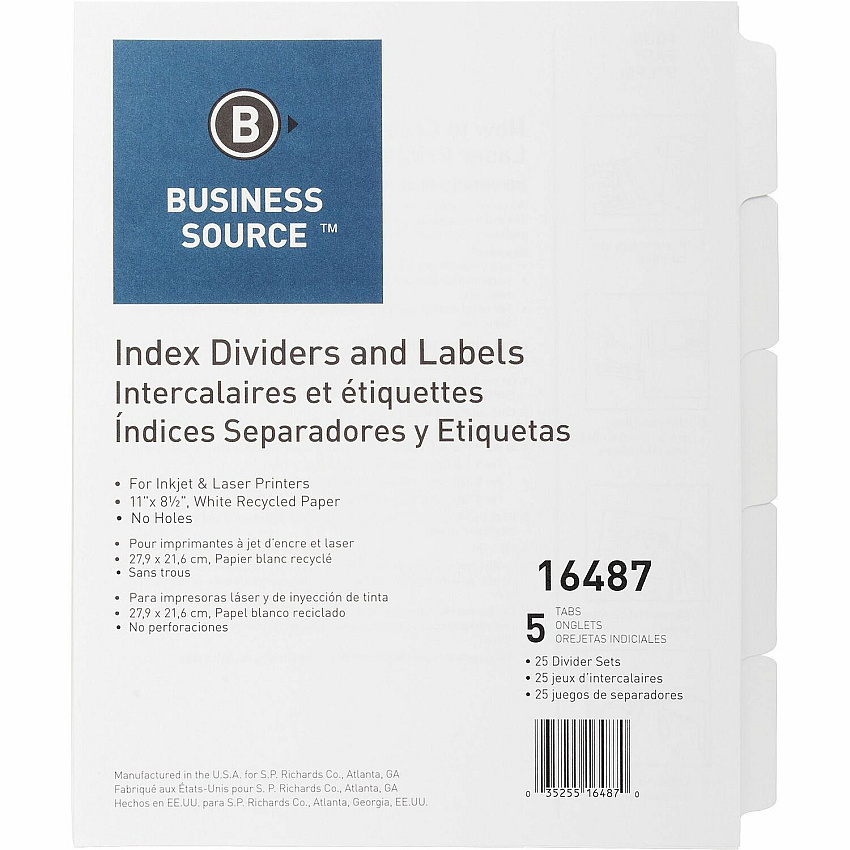 Business Source Un-punched Index Dividers Set 5 x Divider(s) - Blank Tab(s) - 5 Tab(s)/Set - White Divider - White Tab(s) - 100% Recycled - Unpunched - 25 / Box (BSN16487)