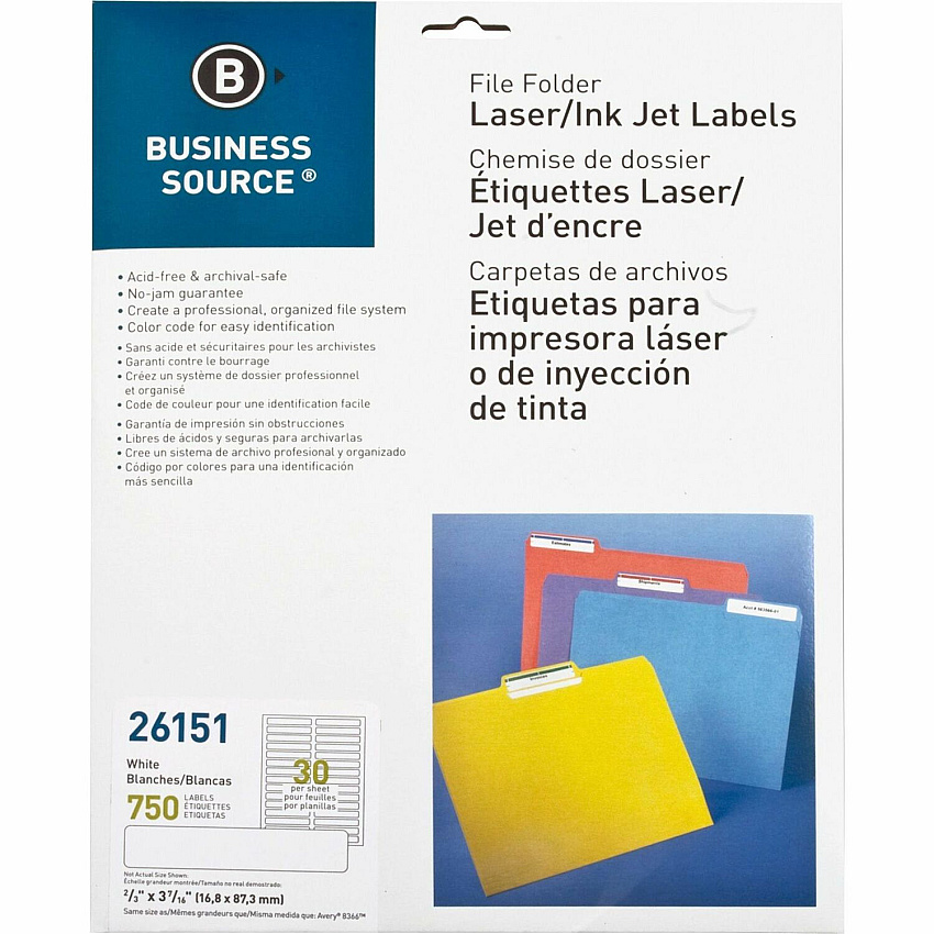 Business Source Laser/Inkjet Permanent File Folder Labels 43/64" Width x 3 7/16" Length - Permanent Adhesive - Rectangle - Laser, Inkjet - White - Jam-free, Lignin-free - 30 / Sheet - 750 / Pack (BSN26151)