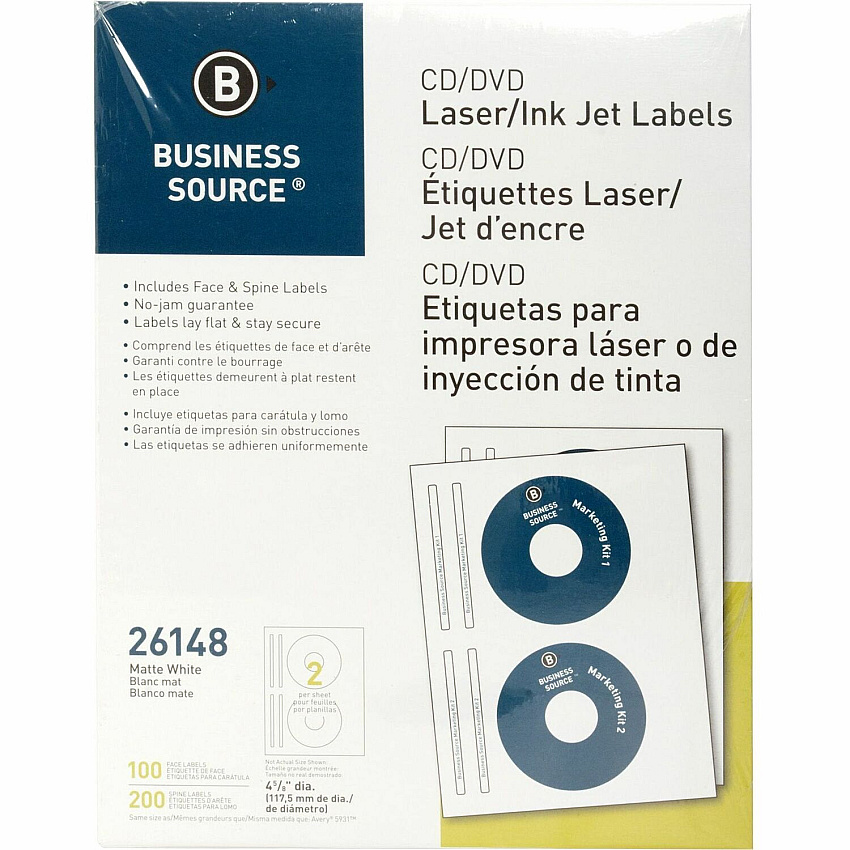 Business Source CD/DVD Labels 4 5/8" Diameter - Permanent Adhesive - Circle - Inkjet, Laser - White - Lignin-free, Smudge Resistant - 100 / Pack (BSN26148)