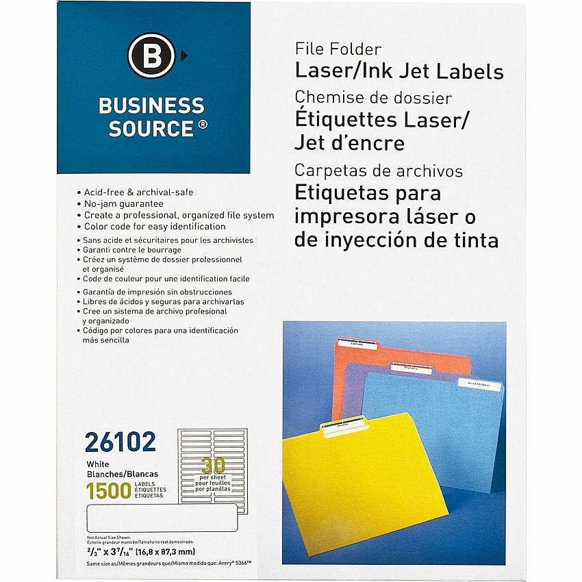 Business Source Laser/Inkjet File Folder Labels 21/32" Width x 3 7/16" Length - Permanent Adhesive - Rectangle - Laser, Inkjet - White - Paper - Jam-free, Lignin-free, Self-adhesive - 30 / Sheet - 1500 / Pack (BSN26102)
