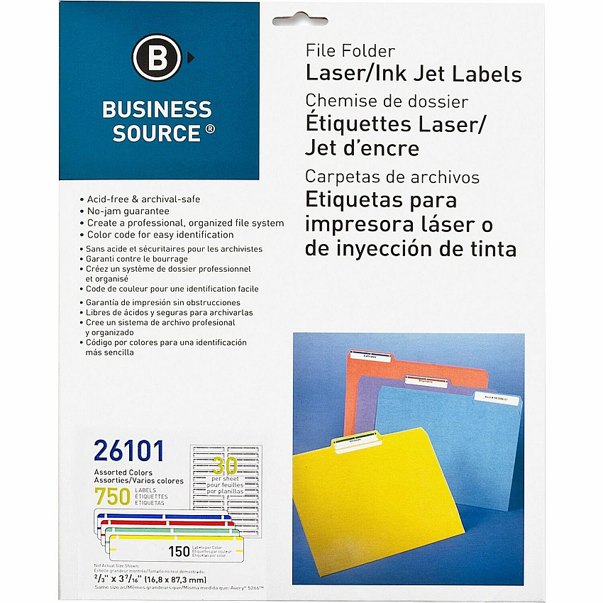 Business Source Laser/Inkjet File Folder Labels 21/32" Width x 3 7/16" Length - Permanent Adhesive - Rectangle - Laser, Inkjet - Assorted - Jam-free, Lignin-free, Self-adhesive - 30 / Sheet - 750 / Pack (BSN26101)