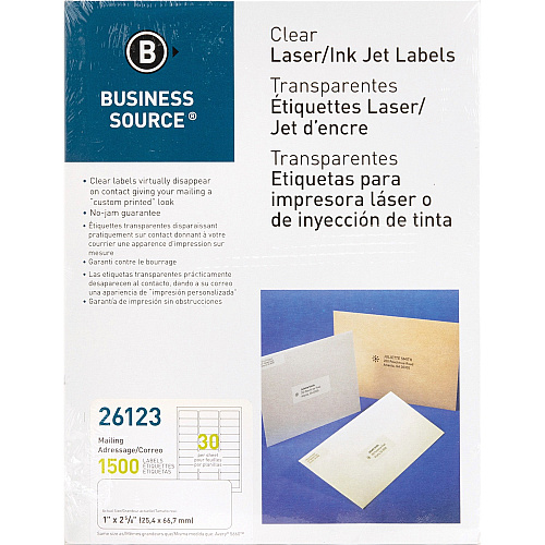 Business Source Mailing Address Labels 1" Width x 2 3/4" Length - Permanent Adhesive - Rectangle - Laser - Clear - Self-adhesive - 30 / Sheet - 1500 / Pack (BSN26123)