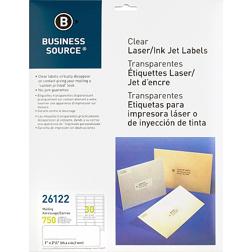 Business Source Mailing Address Labels 1" Width x 2 3/4" Length - Permanent Adhesive - Rectangle - Laser - Clear - Self-adhesive - 30 / Sheet - 750 / Pack (BSN26122)