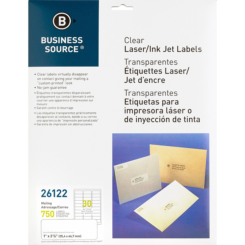 Business Source Mailing Address Labels 1" Width x 2 3/4" Length - Permanent Adhesive - Rectangle - Laser - Clear - Self-adhesive - 30 / Sheet - 750 / Pack (BSN26122)