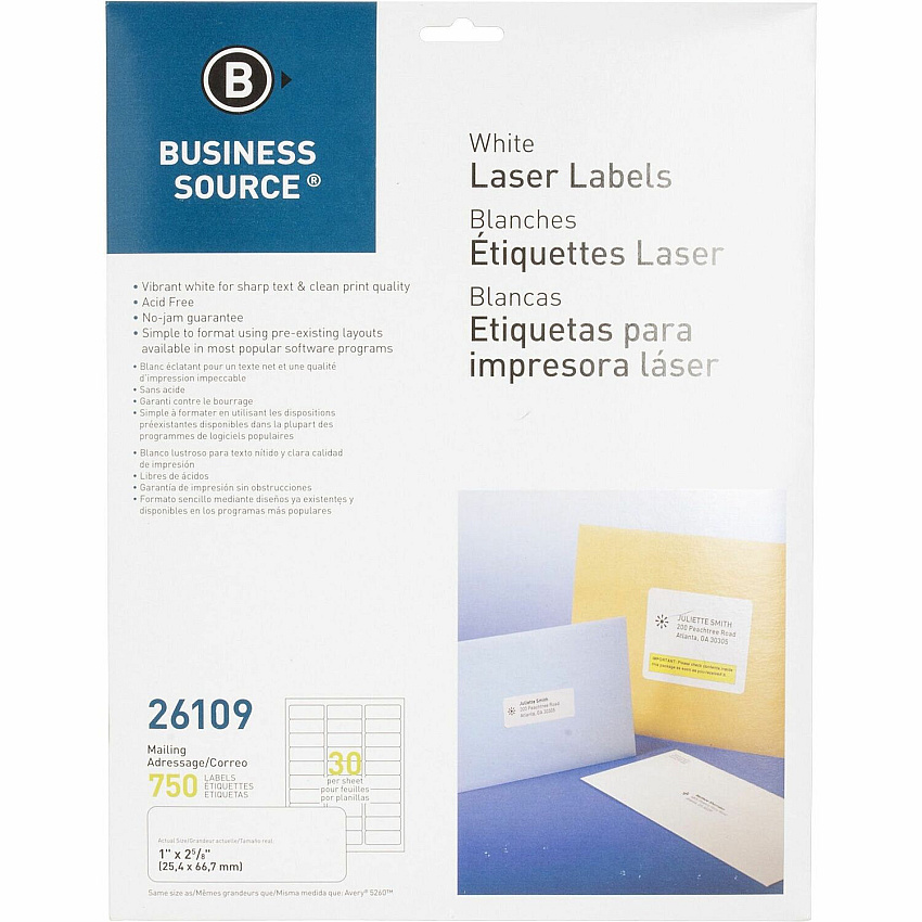 Business Source Bright White Premium-quality Address Labels 1" Width x 2 5/8" Length - Permanent Adhesive - Rectangle - Laser, Inkjet - White - Lignin-free, Jam-free - 30 / Sheet - 25 Total Sheets - 750 / Pack (BSN26109)
