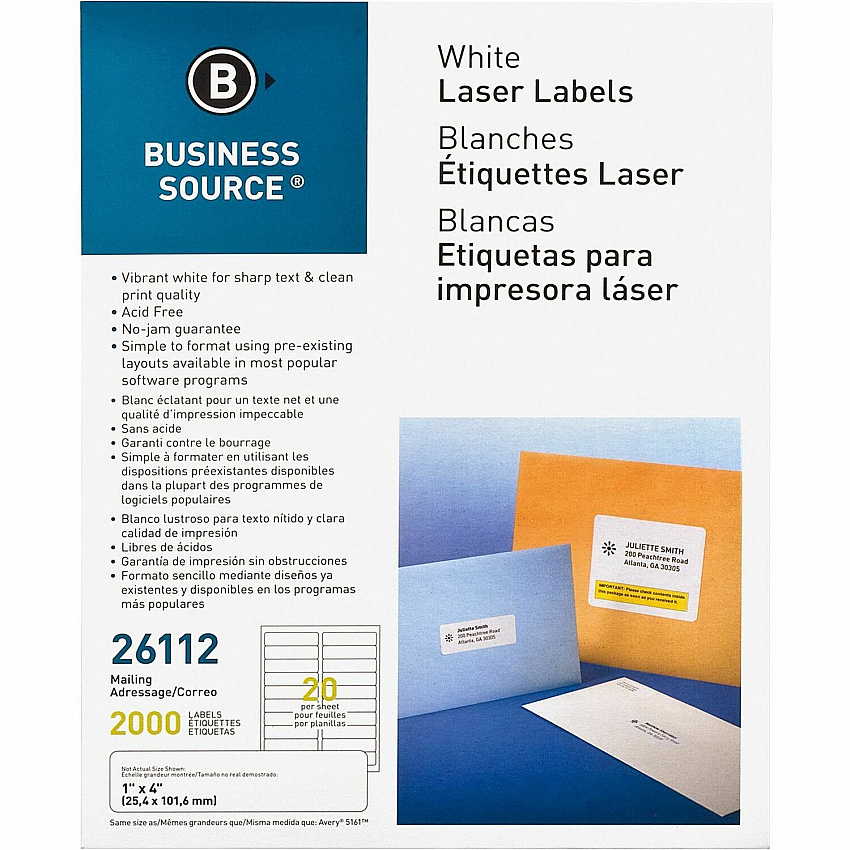Business Source Bright White Premium-quality Address Labels 1" Width x 4" Length - Permanent Adhesive - Rectangle - Laser, Inkjet - White - Lignin-free, Jam-free - 20 / Sheet - 100 Total Sheets - 2000 / Pack (BSN26112)