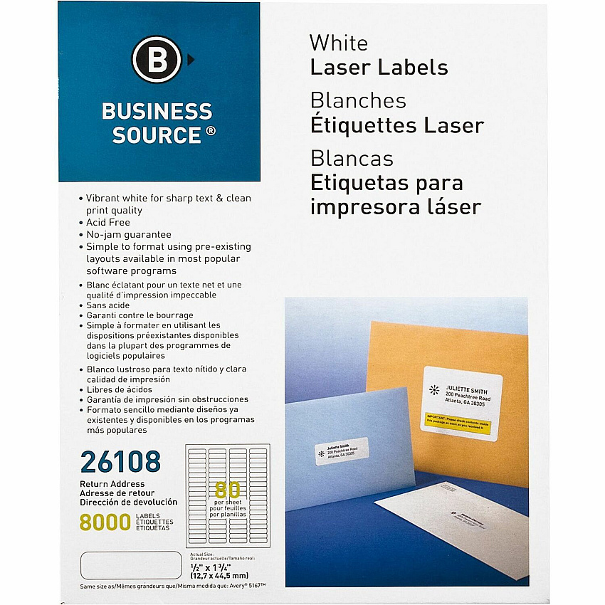 Business Source Address Laser Labels 1/2" Width x 1 3/4" Length - Permanent Adhesive - Rectangle - Laser - White - Lignin-free, Jam-free - 80 / Sheet - 100 Total Sheets - 8000 / Pack (BSN26108)