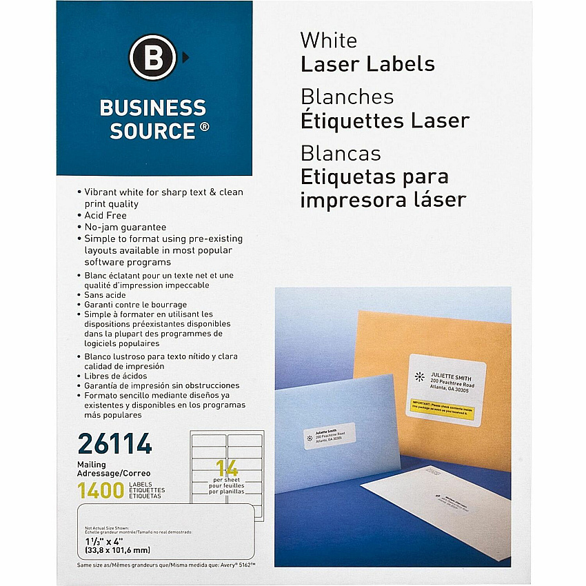 Business Source Bright White Premium-quality Address Labels 1 1/3" Width x 4" Length - Permanent Adhesive - Rectangle - Laser, Inkjet - White - Lignin-free, Jam-free - 14 / Sheet - 100 Total Sheets - 1400 / Pack (BSN26114)
