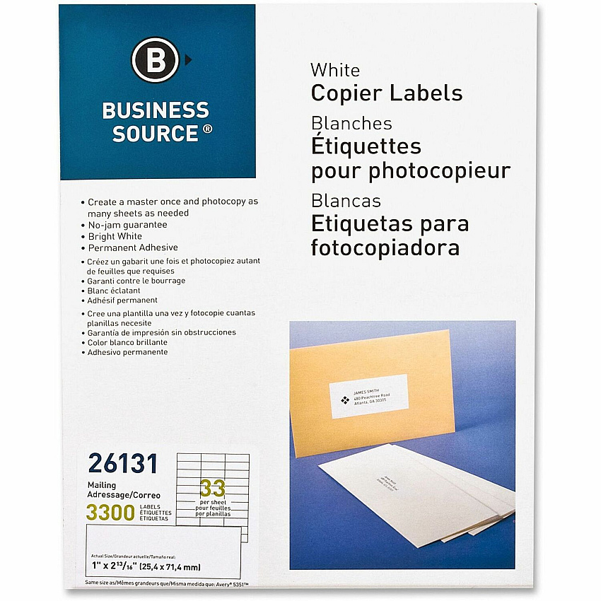 Business Source Bright White Copier Labels 1" Width x 2 3/4" Length - Rectangle - White - Lignin-free, Jam-free - 33 / Sheet - 3300 / Pack (BSN26131)