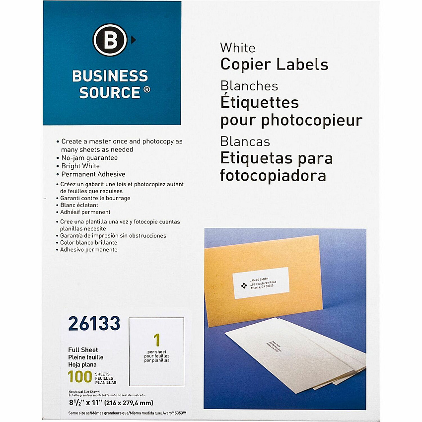 Business Source 8-1/2"x11" Copier Labels 8 1/2" Width x 11" Length - Rectangle - White - Lignin-free, Jam-free - 1 / Sheet - 100 / Pack (BSN26133)
