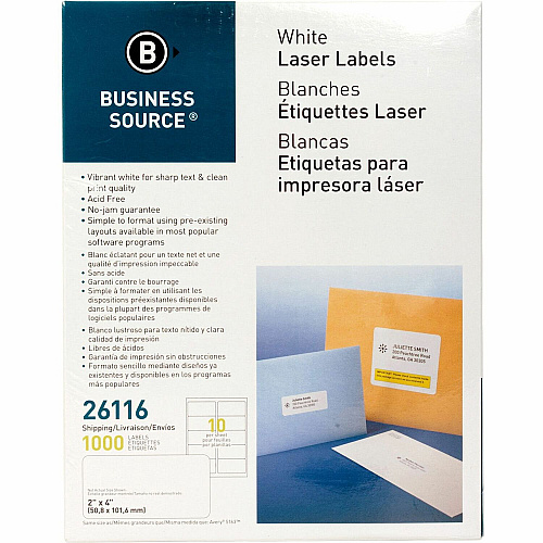 Business Source Bright White Premium-quality Shipping Labels 2" Width x 4" Length - Permanent Adhesive - Rectangle - Laser, Inkjet - White - Lignin-free, Jam-free - 10 / Sheet - 100 Total Sheets - 1000 / Pack (BSN26116)