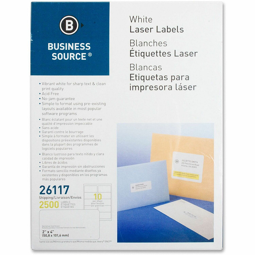 Business Source Bright White Premium-quality Shipping Labels 2" Width x 4" Length - Permanent Adhesive - Rectangle - Laser, Inkjet - White - Lignin-free, Jam-free - 10 / Sheet - 250 Total Sheets - 2500 / Pack (BSN26117)