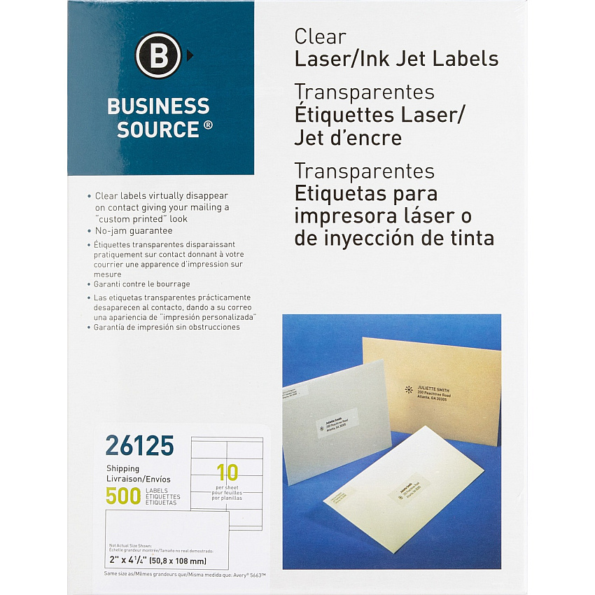 Business Source Clear Shipping Labels 2" Width x 4 1/4" Length - Permanent Adhesive - Rectangle - Laser - Clear - Self-adhesive - 10 / Sheet - 500 / Pack (BSN26125)