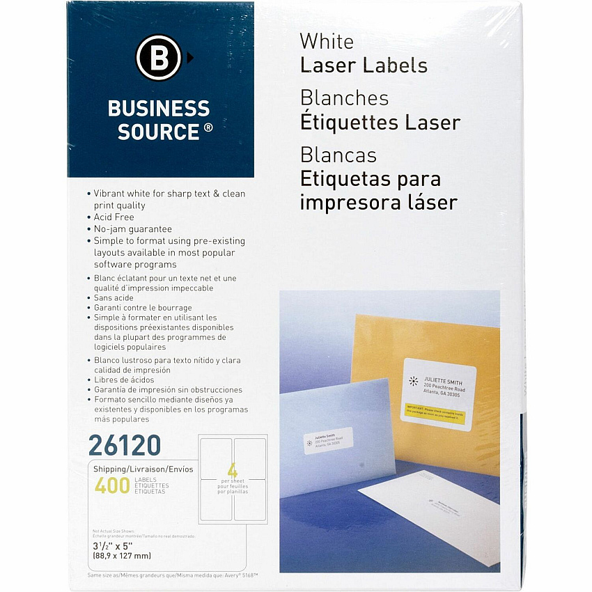 Business Source Bright White Premium-quality Address Labels 3 1/2" Width x 5" Length - Permanent Adhesive - Rectangle - Laser, Inkjet - White - Lignin-free, Jam-free - 4 / Sheet - 100 Total Sheets - 400 / Pack (BSN26120)