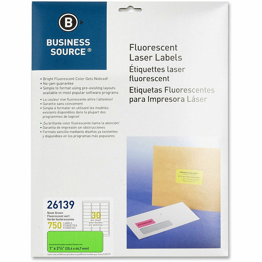 Business Source Neon Labels 1" Width x 2 5/8" Length - Permanent Adhesive - Rectangle - Laser - Neon Green - Jam-free, Pressure Sensitive - 30 / Sheet - 750 / Pack (BSN26139)
