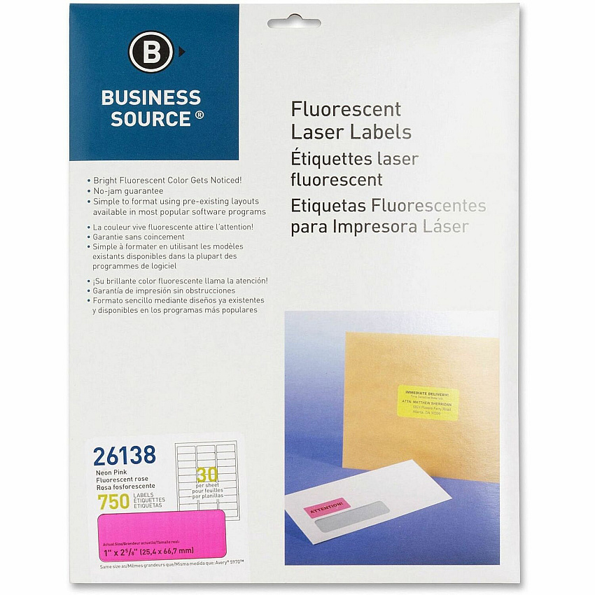 Business Source Neon Labels 1" Width x 2 5/8" Length - Permanent Adhesive - Rectangle - Laser - Neon Pink - Jam-free, Pressure Sensitive - 30 / Sheet - 750 / Pack (BSN26138)