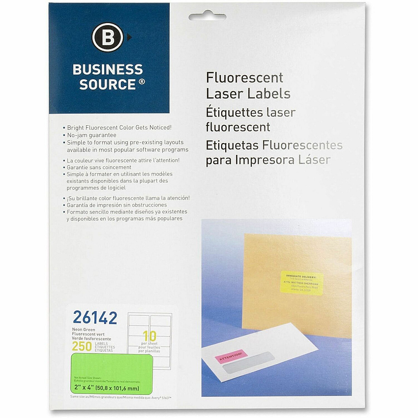 Business Source Neon Labels 2" Width x 4" Length - Permanent Adhesive - Rectangle - Laser - Neon Green - Jam-free, Pressure Sensitive - 10 / Sheet - 250 / Pack (BSN26142)