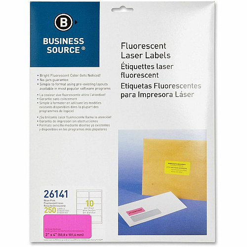 Business Source Neon Labels 2" Width x 4" Length - Permanent Adhesive - Rectangle - Laser - Neon Pink - Jam-free, Pressure Sensitive - 10 / Sheet - 250 / Pack (BSN26141)
