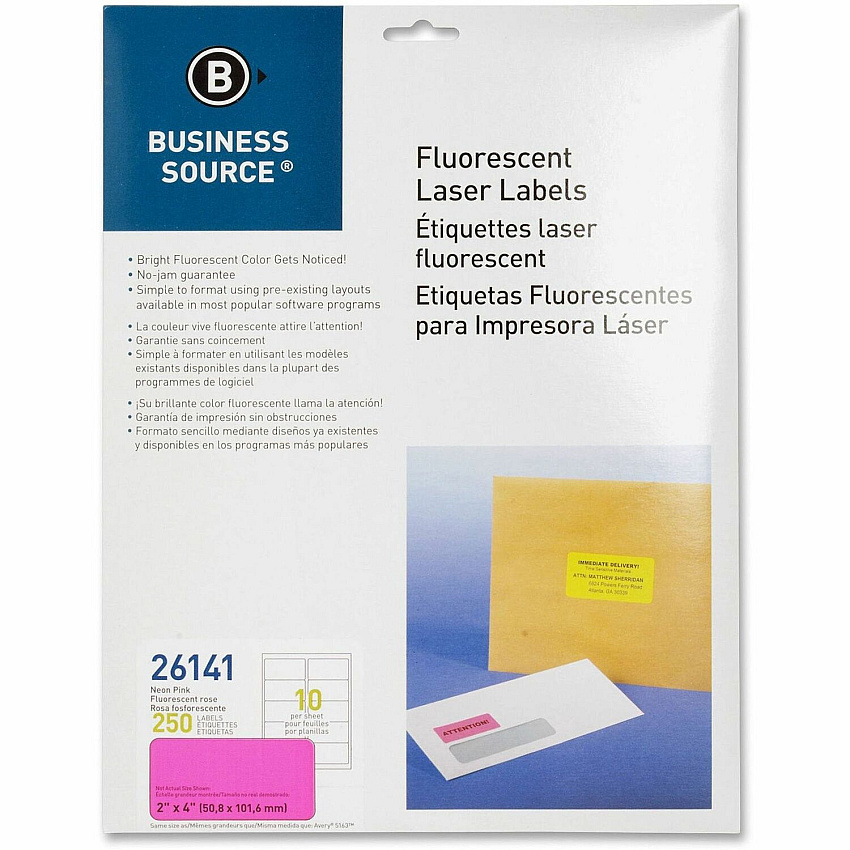 Business Source Neon Labels 2" Width x 4" Length - Permanent Adhesive - Rectangle - Laser - Neon Pink - Jam-free, Pressure Sensitive - 10 / Sheet - 250 / Pack (BSN26141)