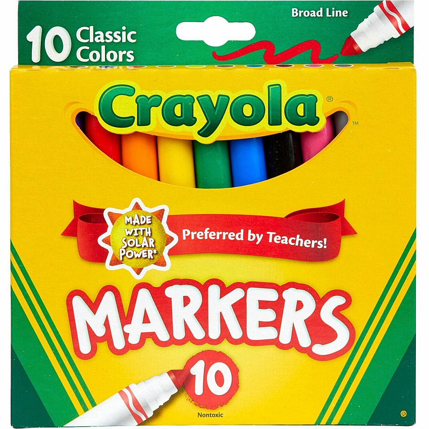 Crayola Classic Colors Broad Line Markers Brown, Purple, Red, Orange, Yellow, Green, Black, Gray, Pink, Blue Ink - 10 / Set (587722)