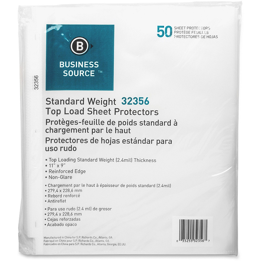 Business Source Nonglare Top-loading Sheet Protectors 11" Height x 9" Width x 2.4 mil Thickness - For Letter 8 1/2" x 11" Sheet - Rectangular - Clear - Polypropylene - 50 / Pack (BSN32356)