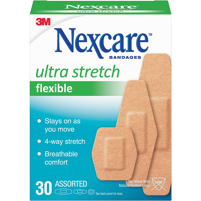 Nexcare Soft 'n Flex Bandages Assorted Sizes - 0.94" , 1.13" , 0.88" Width x 1.13" , 3" , 2.25" Length - Tan - Fabric/ - 30 / Box (57630PB)