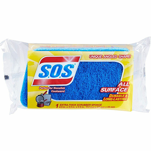 S.O.S. S.O.S All-Surface Scrubber Sponge 4.5" Height x 2.5" Width x 0.9" Depth - 1 Each - Cellulose, Scrim - Blue (91017)