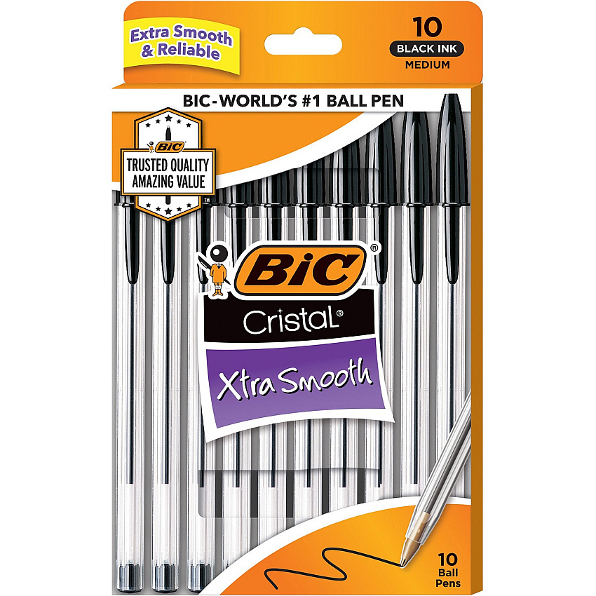 BIC Cristal Ballpoint Stick Pens Medium Pen Point - Black Ink - Clear Barrel - 10 / Pack (MSP10BK)