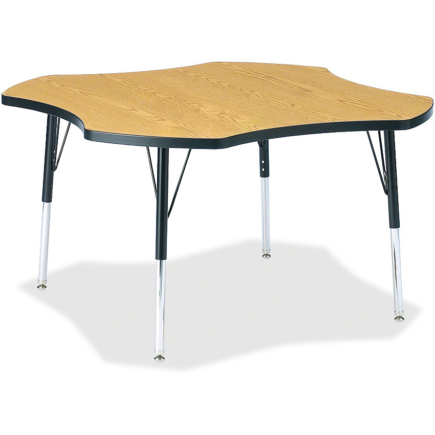 Jonti-Craft Berries Elementary Black Edge Four-leaf Table Black Oak, Laminated Top - Four Leg Base - 4 Legs - Height Adjustable - 15" to 24" Adjustment x 1.13" Table Top Thickness x 48" Table Top Diameter - 24" Height - Educational Environmen (6453JCE210)