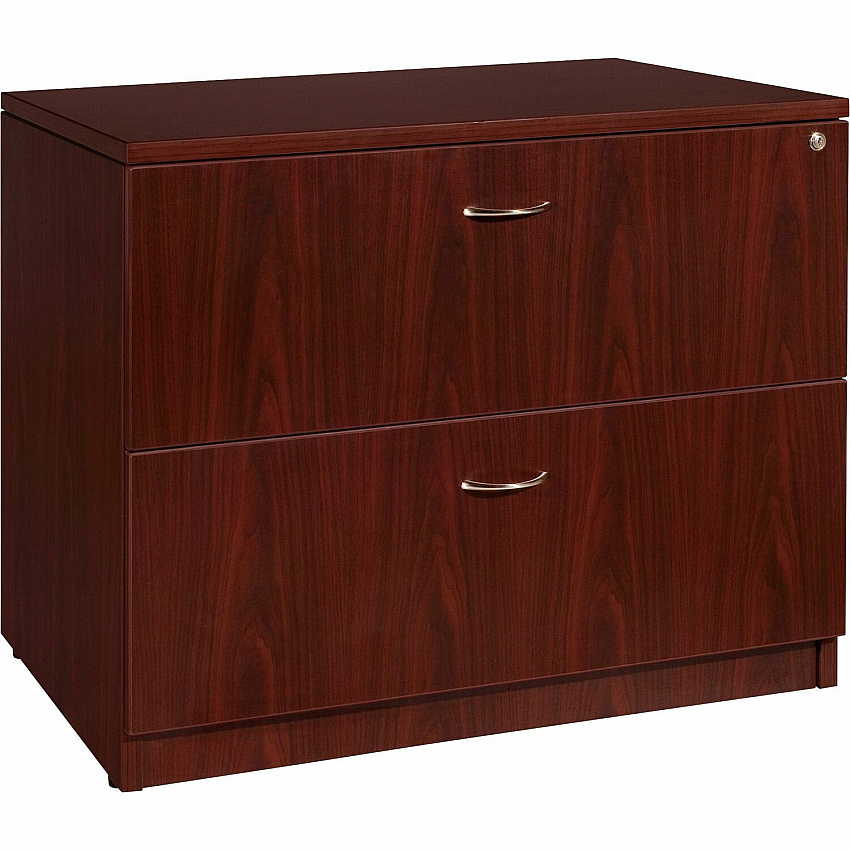 Lorell Essentials Series Lateral File 29.5" Height x 35.5" Width x 22" Depth x 1" Thickness - 2 x File Drawer(s) - Finish: Laminate, Mahogany - Lockable Drawer, Leveling Glide, Durable, Ball-bearing Suspension, Lockable Drawer (LLR69399)