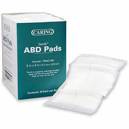 Medline Caring Sterile Abdominal Pads 5" Width x 9" Length - White - 25 / Box (PRM21450)
