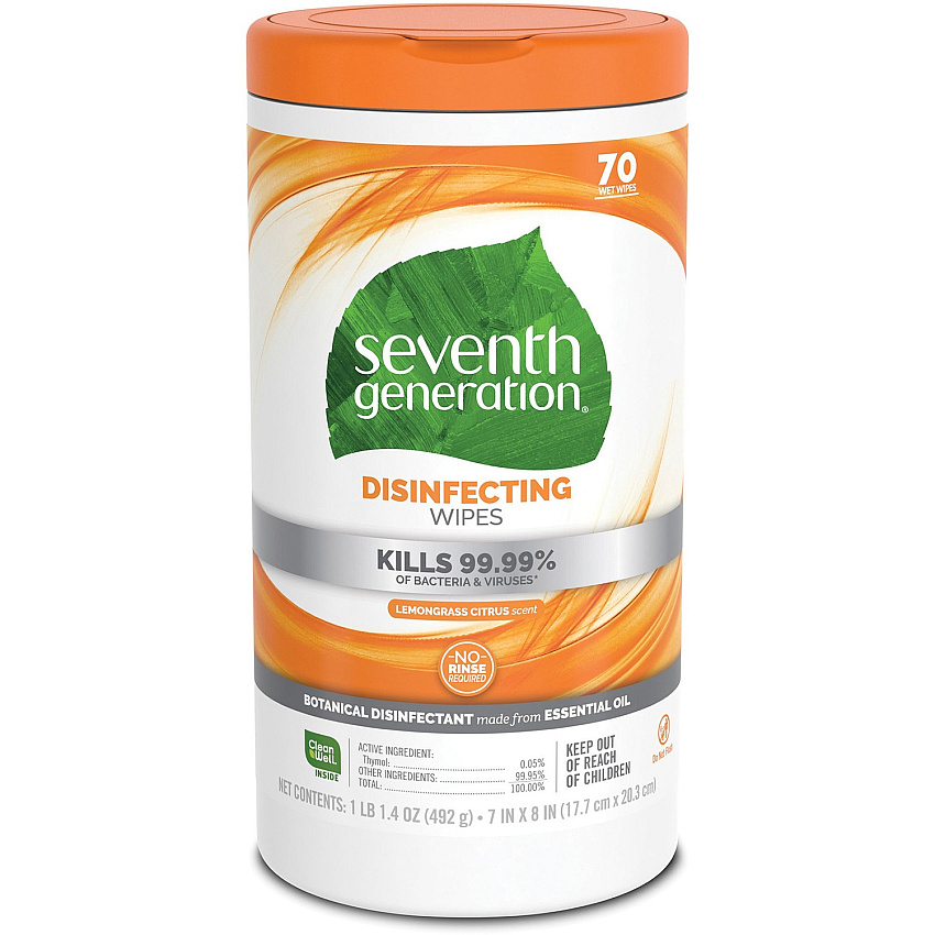 Seventh Generation Disinfecting Cleaner Lemongrass Citrus Scent - 8" Length x 7" Width - Deodorize - 70/Tub - 1 Each (22813)