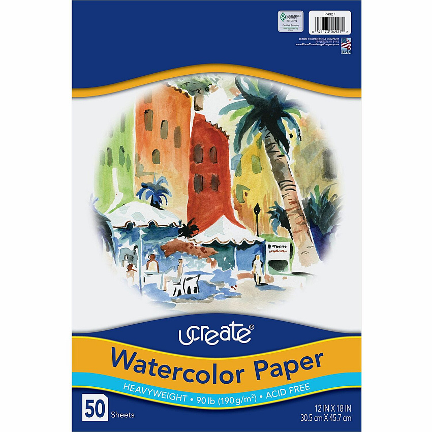 UCreate Watercolor Paper 12" x 18" - 90 lb Basis Weight - Vellum - Sustainable Forestry Initiative (SFI) - Acid-free - White - 50 / Pack (4927)