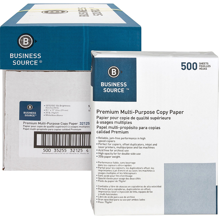 Business Source Premium Multipurpose Copy Paper 92 Brightness - Letter - 8 1/2" x 11" - 20 lb Basis Weight - Acid-free - White - 2500 Sheets - 500 Sheets per Ream - 5 / Carton (BSN32125)