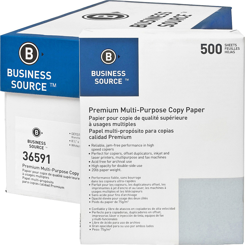 Business Source Premium Multipurpose Copy Paper 92 Brightness - Letter - 8 1/2" x 11" - 20 lb Basis Weight - Acid-free - White - 500 Sheets per Ream - 400 / Pallet (BSN36591PL)