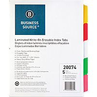 Business Source Laminated Write-On Tab Indexes 5 Write-on Tab(s) - 5 Tab(s)/Set - 11" Tab Height x 8.50" Tab Width - 3 Hole Punched - Self-adhesive, Removable - Multicolor Mylar Tab(s) - 100% Recycled - Laminated Tab, Reinforced Edges, Punched, (BSN20074)