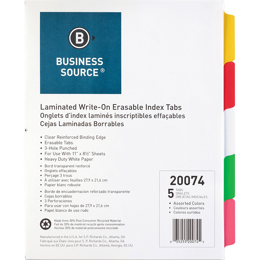 Business Source Laminated Write-On Tab Indexes 5 Write-on Tab(s) - 5 Tab(s)/Set - 11" Tab Height x 8.50" Tab Width - 3 Hole Punched - Self-adhesive, Removable - Multicolor Mylar Tab(s) - 100% Recycled - Laminated Tab, Reinforced Edges, Punched, (BSN20074)