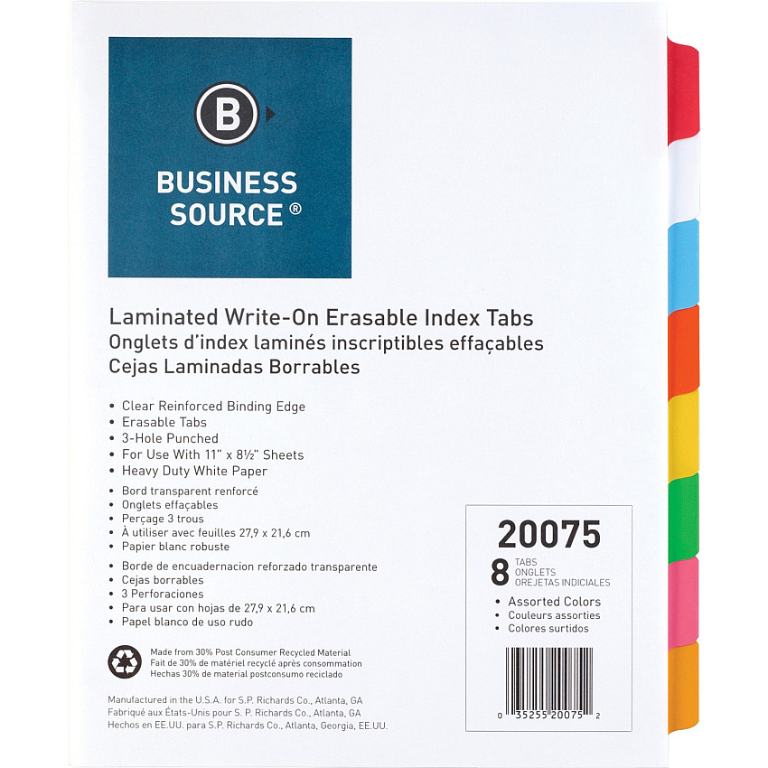 Business Source Laminated Write-On Tab Indexes 8 Write-on Tab(s) - 8 Tab(s)/Set - 11" Tab Height x 8.50" Tab Width - 3 Hole Punched - Self-adhesive, Removable - Multicolor Mylar Tab(s) - 100% Recycled - Laminated Tab, Reinforced Edges, Punched, (BSN20075)