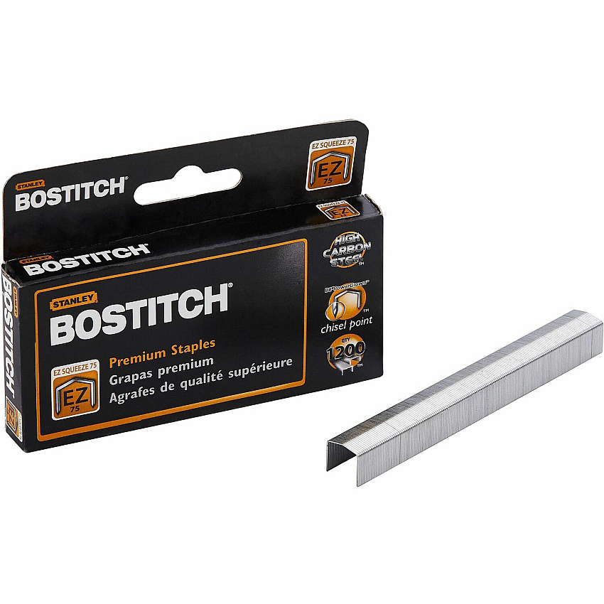 Bostitch EZ Squeeze 75 Premium Staples High Capacity - 3/4" Leg - 1/2" Crown - Holds 75 Sheet(s) - Chisel Point - Silver - High Carbon Steel - 4.1" Height x 2" Width x 0.6" Length - 210 Per Strip - 1200 / Box (STCR75XHC)