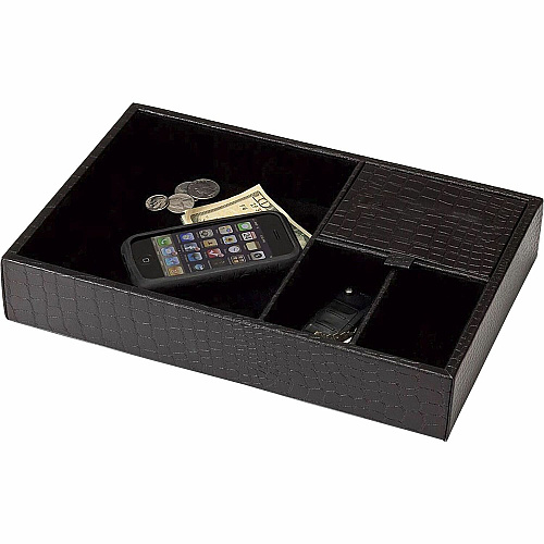 Dacasso Crocodile Embossed Black Leather Standard Valet Tray 4 Compartment(s) - Compartment Size : 2" - Desktop - Black - Velveteen, Leather - 1 Each (A2463)