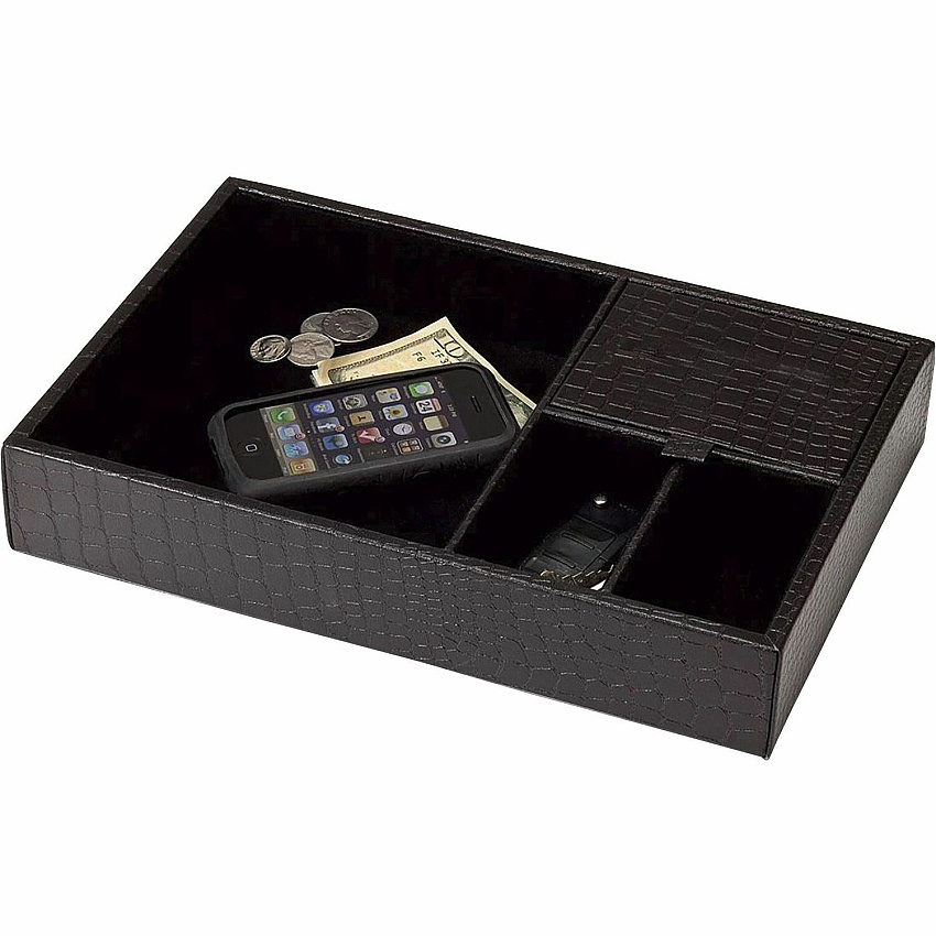Dacasso Crocodile Embossed Black Leather Standard Valet Tray 4 Compartment(s) - Compartment Size : 2" - Desktop - Black - Velveteen, Leather - 1 Each (A2463)