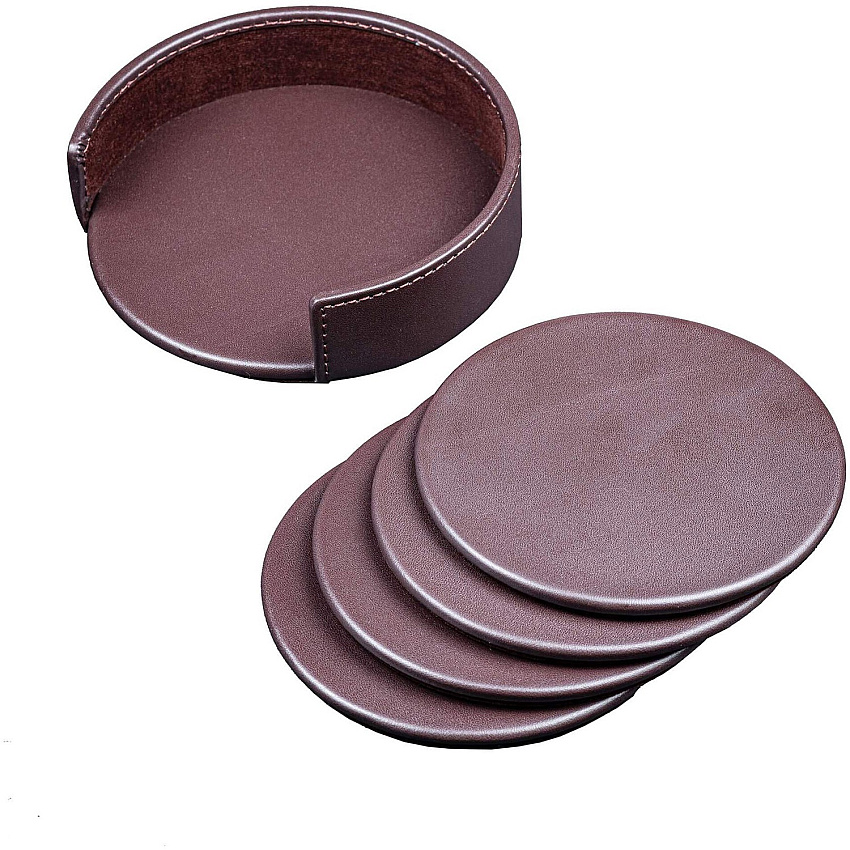Dacasso Leather Coasters - Set of 4 with Holder Round - Chocolate Brown - Top Grain Leather, Felt - 1Each - 1 Each (A3445)