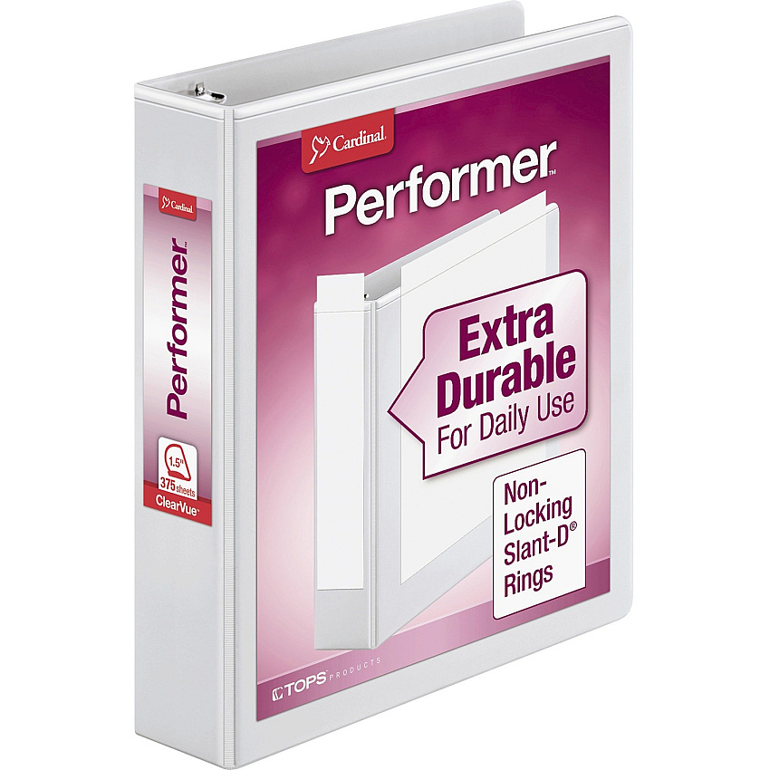 Cardinal Performer ClearVue Slant-D Ring Binder 1 1/2" Binder Capacity - Letter - 8 1/2" x 11" Sheet Size - 375 Sheet Capacity - 1 3/5" Spine Width - 3 x D-Ring Fastener(s) - 2 Inside Front & Back Pocket(s) - Vinyl - White - 1.18 lb - Label Hold (17400CB)