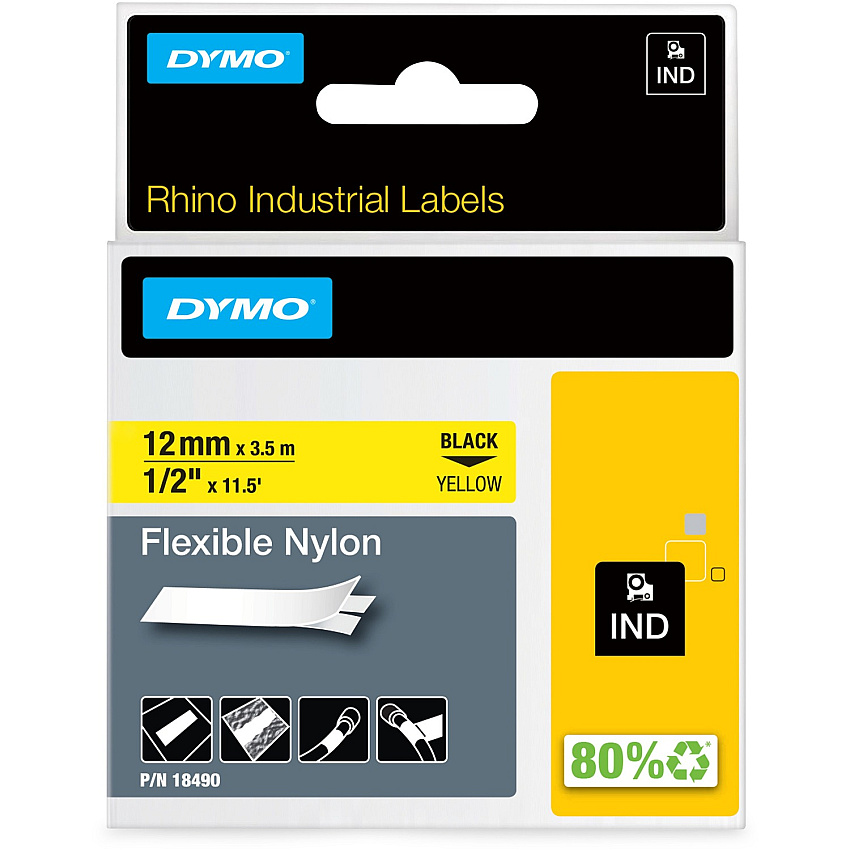 Dymo Rhino Flexible Nylon Labels 1/2" Width - Direct Thermal - Yellow - Nylon - 1 Each (18490)
