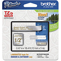 P-touch TZe Laminated Tape x 15/32" Width - Permanent Adhesive - Thermal Transfer - Gold, Satin Silver - Plastic - Water Resistant - Laminated - High Durable, Grease Resistant, Abrasion Resistant, Chemical Resistant, Fade Resistant, Temperature (TZEMQ934)
