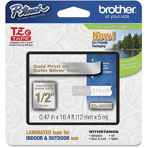 P-touch TZe Laminated Tape x 15/32" Width - Permanent Adhesive - Thermal Transfer - Gold, Satin Silver - Plastic - Water Resistant - Laminated - High Durable, Grease Resistant, Abrasion Resistant, Chemical Resistant, Fade Resistant, Temperature (TZEMQ934)