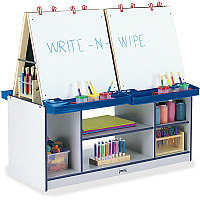 Jonti-Craft Rainbow Accents 4 Station Art Center Freckled Gray, Navy Stand - Floor Standing - Removable Easel, Storage Shelf, Chip Resistant, Wheels, Durable, Laminated, Easy to Clean, Wipeable - Assembly Required - 1 Each (0294JCWW112)