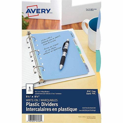 Avery&reg; Durable Plastic Write-On Dividers 5½" x 8½" , 5 tabs" 5½" x 8½" , 5 tabs (161 5 x Divider(s) - Write-on Tab(s) - 5 - 5 Tab(s)/Set - 5.5" Divider Width x 8.50" Divider Length - 7 Hole Punched - Multicolor Plastic Divider - Multicolor Plastic 80)