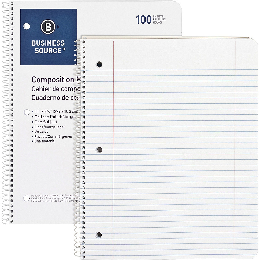 Business Source Wirebound College Ruled Notebooks - Letter 100 Sheets - Wire Bound - 16 lb Basis Weight - Letter - 8 1/2" x 11" Sheet Size - White Paper - Stiff-back - 1 Each (BSN10968)
